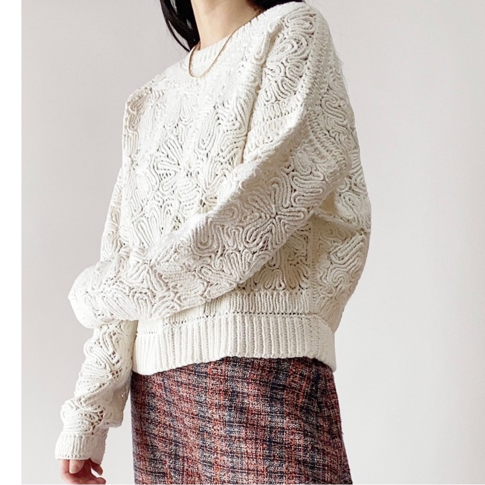 Ronny Kobo White Floral Open Knit Longsleeve Sweater